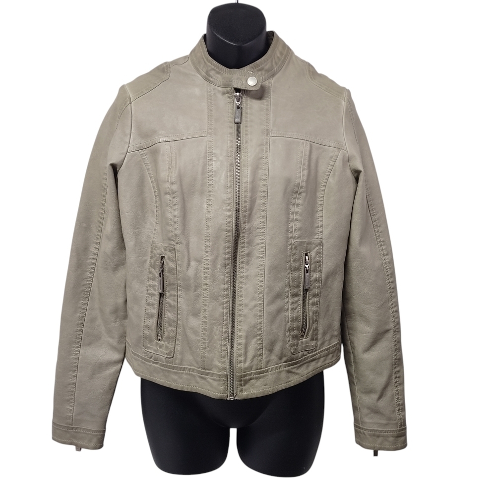 Jou Jou Women's Taupe Gray Faux Leather Moto Biker Racer Style Jacket Size S